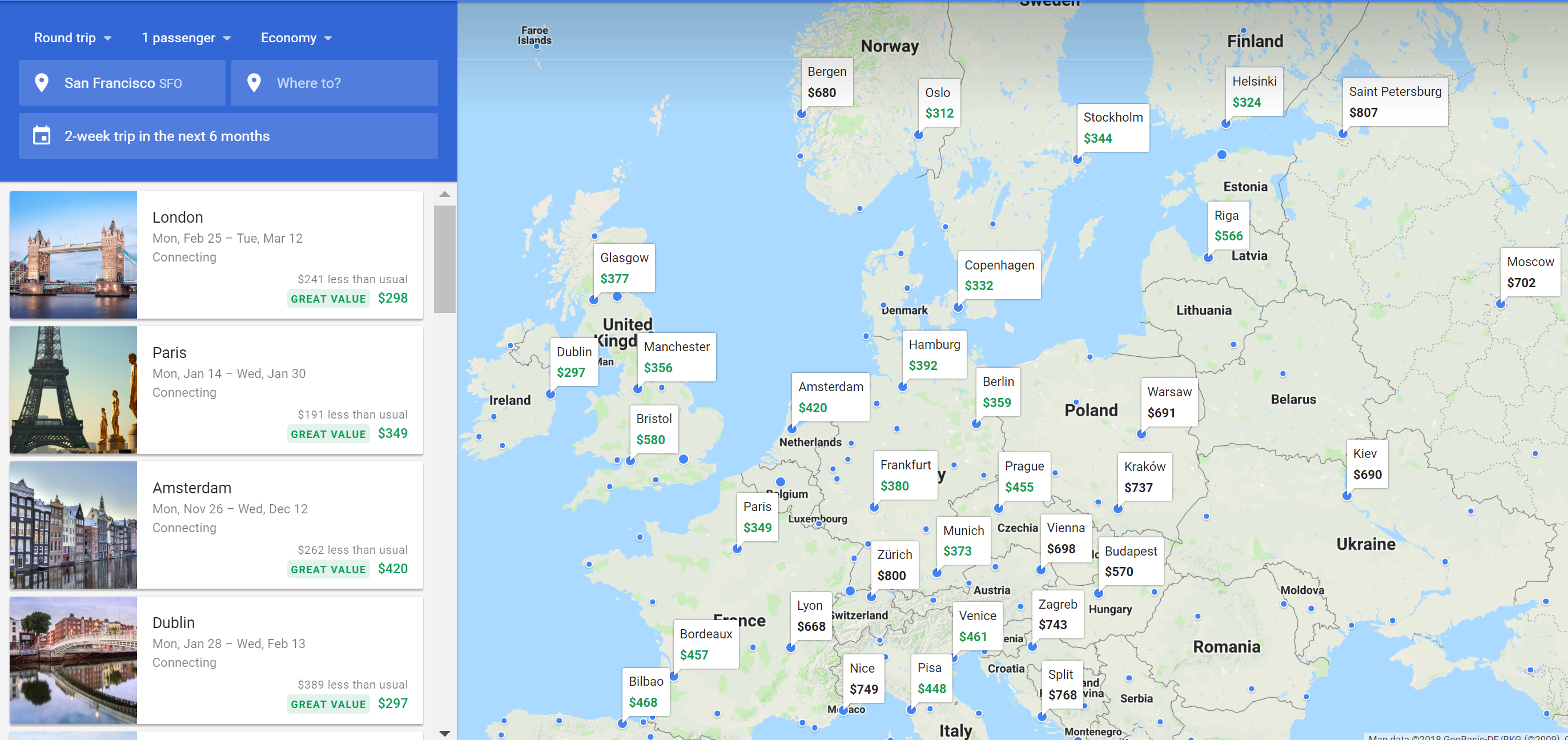 SFO to 15 European cities under $400rt on Google Flights Explore Map