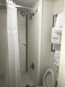 a bathroom with a shower and toilet