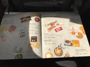 a menu on a plane