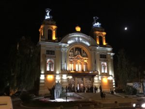 a building with lights at night