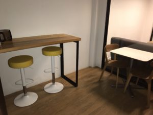 a table and stools in a room