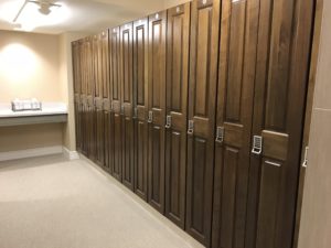 a row of wooden lockers