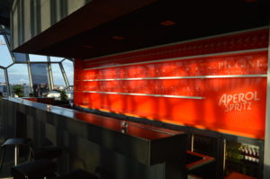 a red counter with a red wall