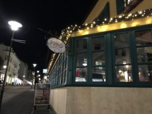 a building with lights on the side