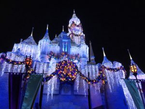 a castle with lights and decorations