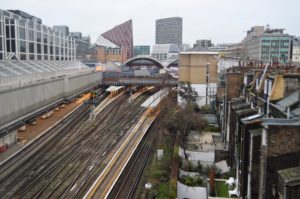 a train tracks in a city