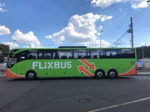 a green bus on a road