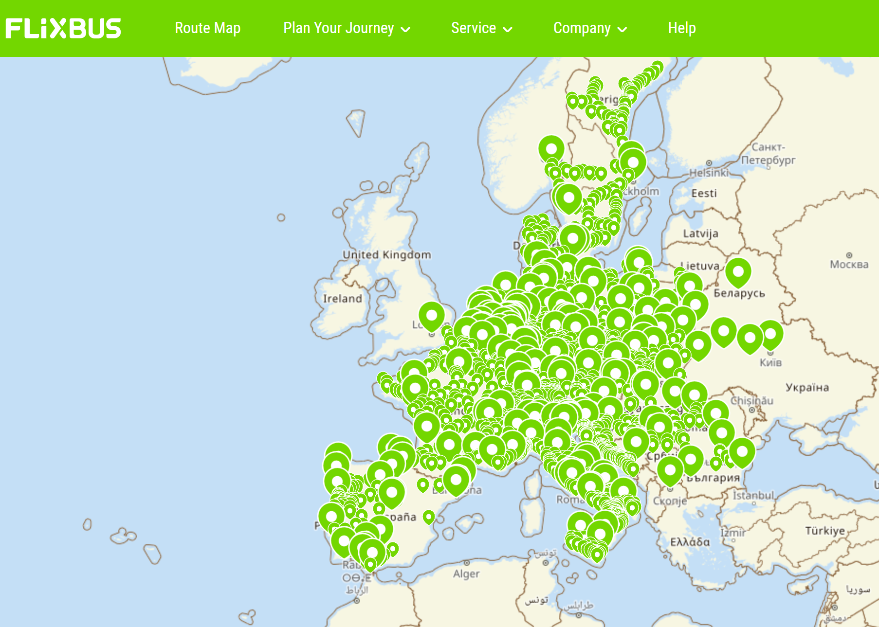 a map of europe with green circles