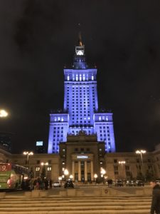 a building with a blue light