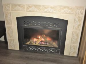 a fireplace with a wood burning inside