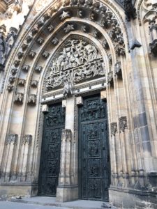 a large stone building with a door