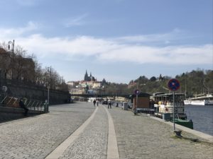 a road with people walking on it