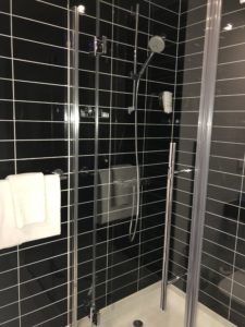 a shower with a black tile wall