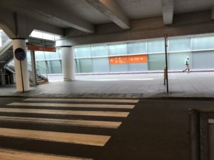 a crosswalk in a parking garage