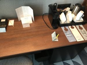 a desk with a few objects on it
