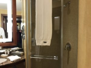 a white towel on a shower door