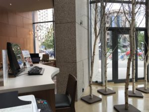 a computer desk in a building