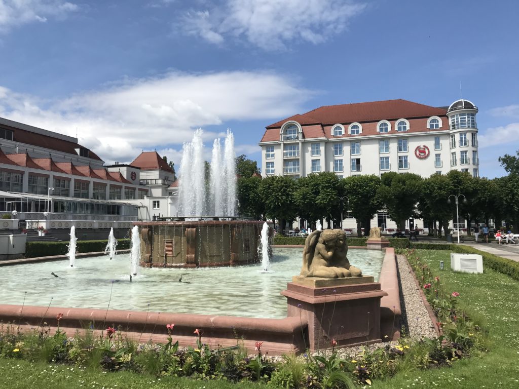 a fountain in a park with a statue in front of a building