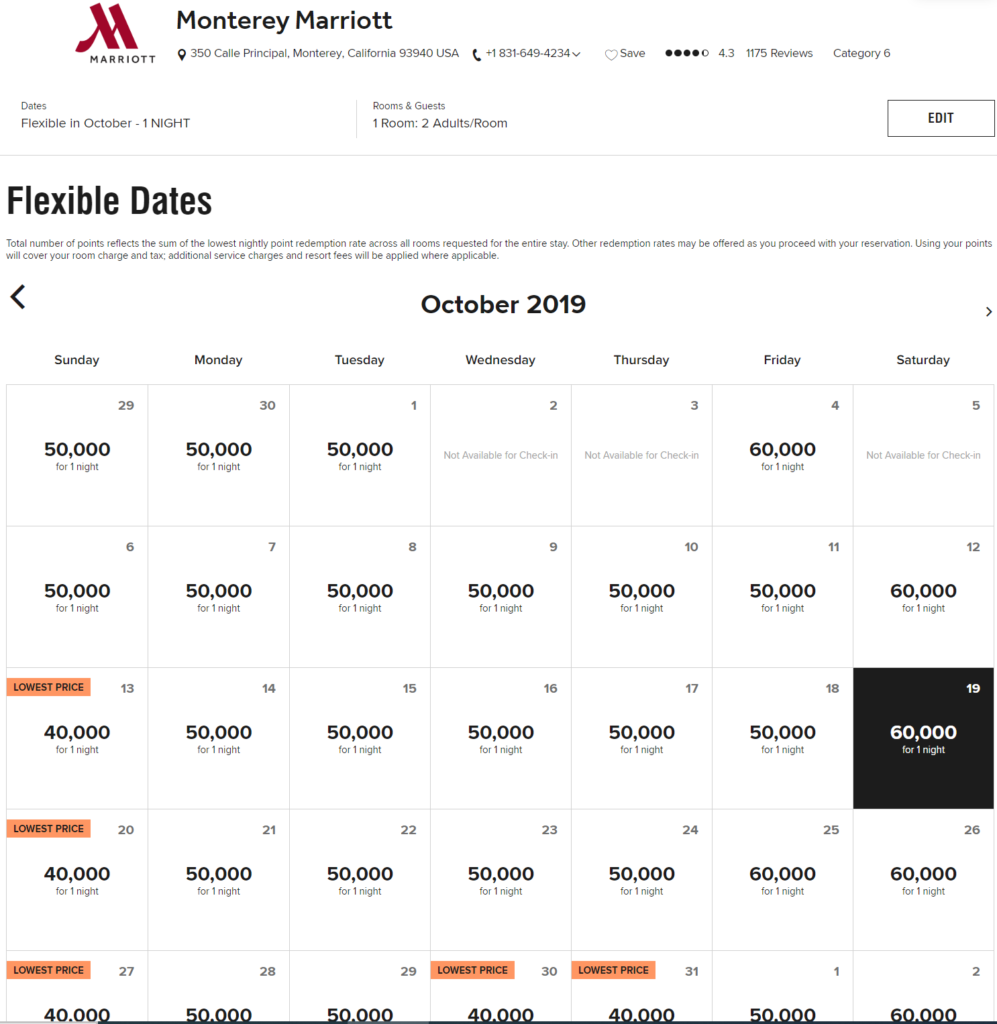 How to check Marriott Bonvoy reward rates each night in monthly view