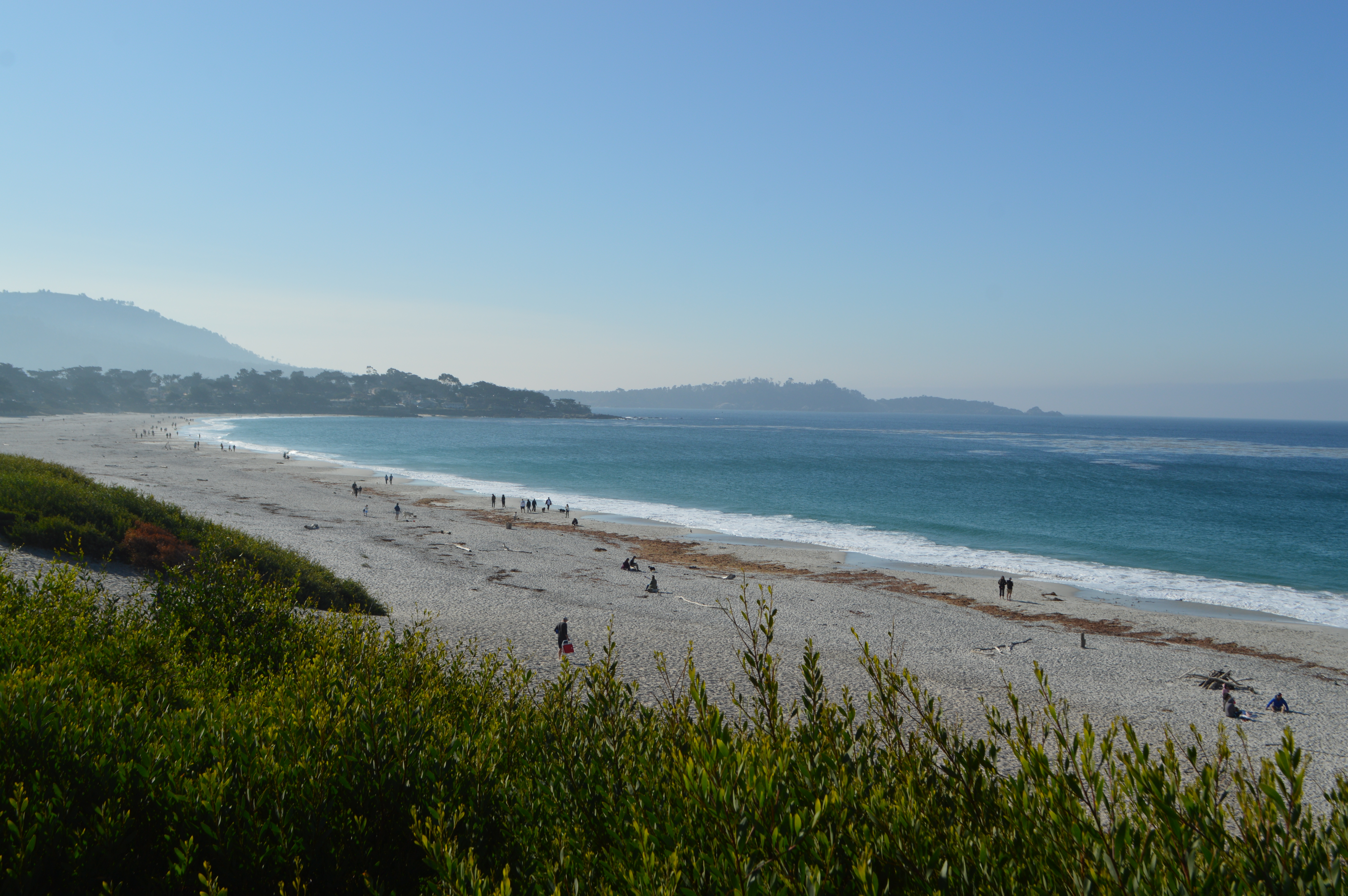 a beach with people walking on it