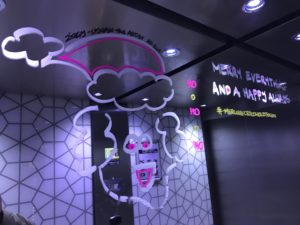 a glass door with a drawing of a santa claus