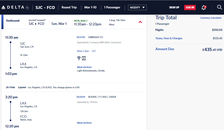 Delta SJC to Rome $436 with seat selection and checked bag | Loyalty Traveler
