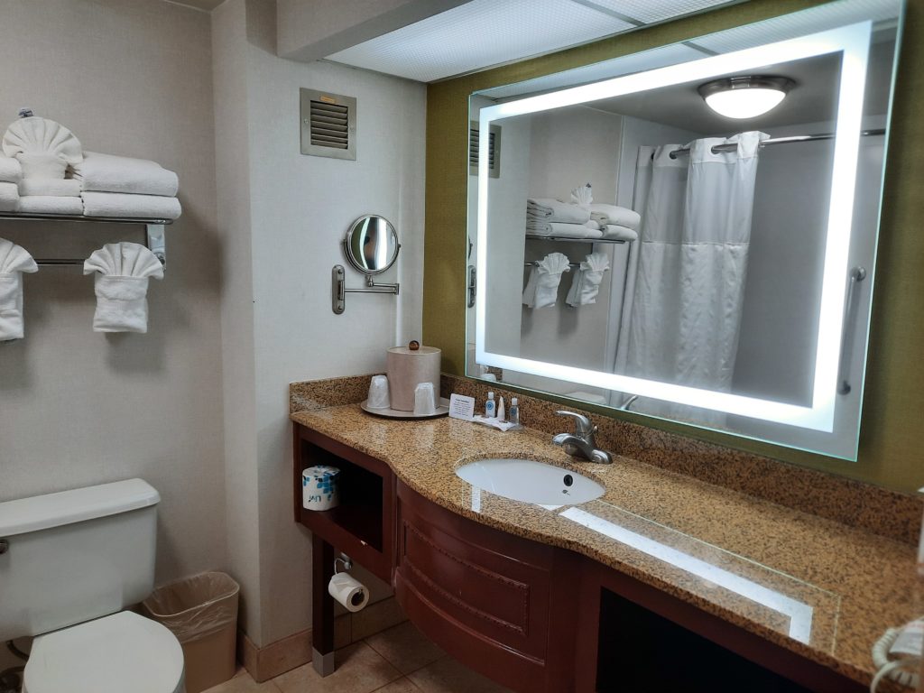 a bathroom with a mirror and a toilet