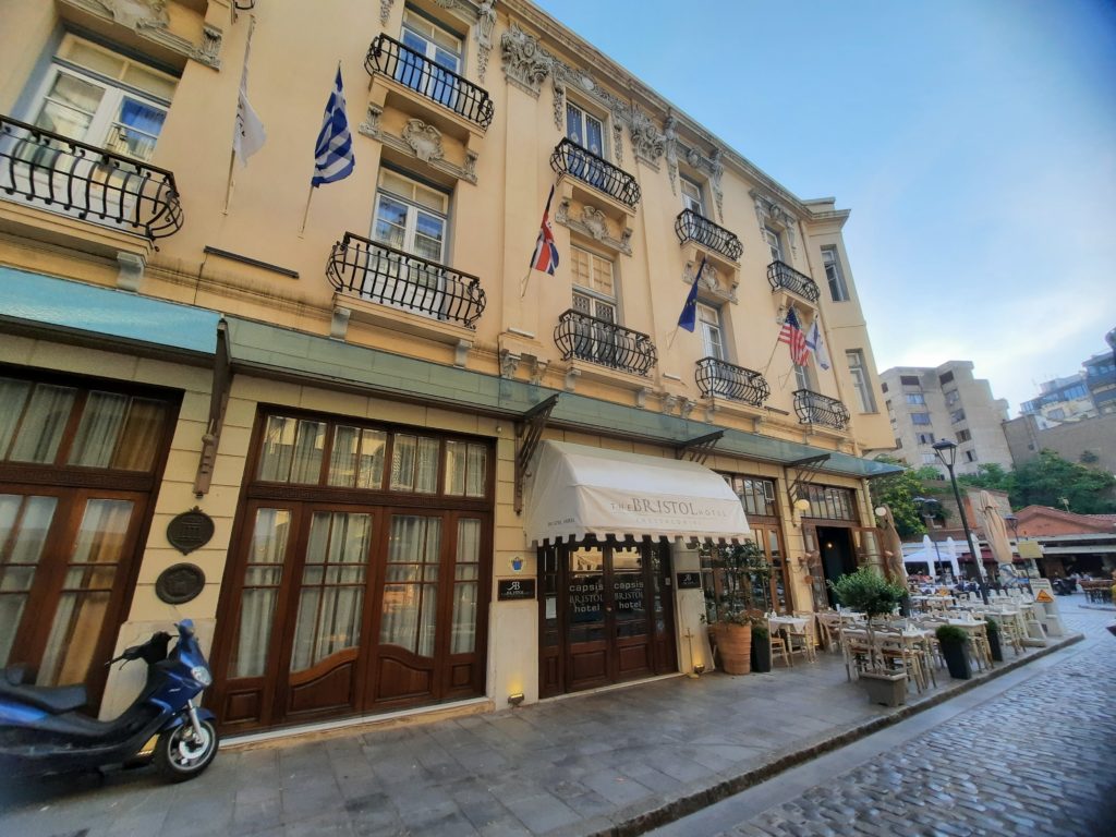 a building with flags on the front