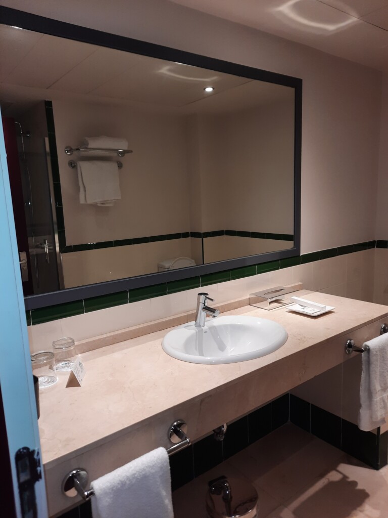 a bathroom with a mirror and sink