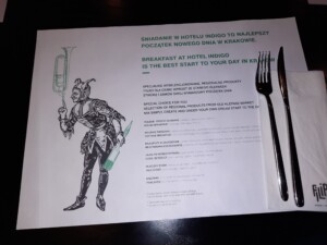 a menu with a picture of a man holding a trumpet and a fork