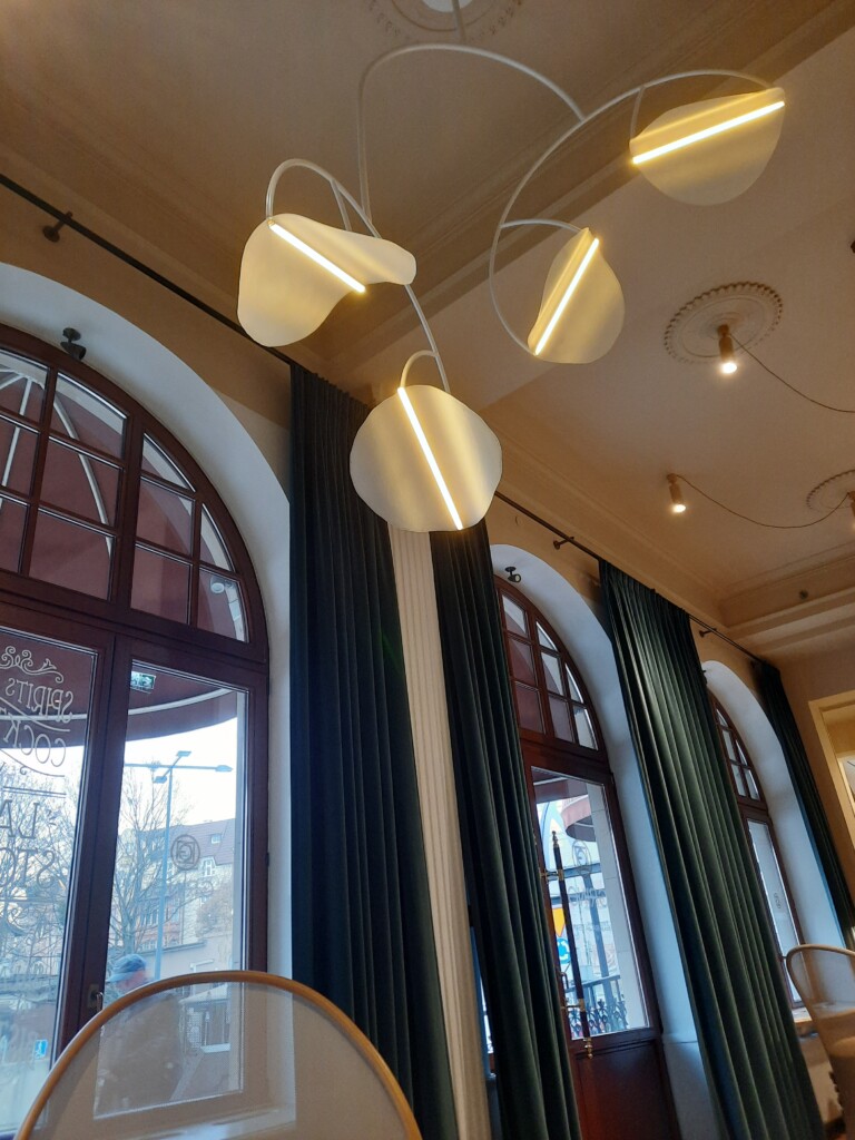 a ceiling with lights and windows