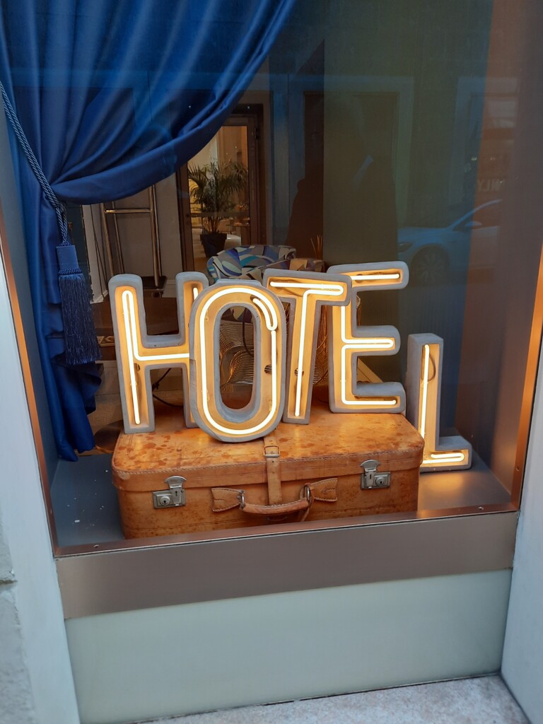 a sign in a window