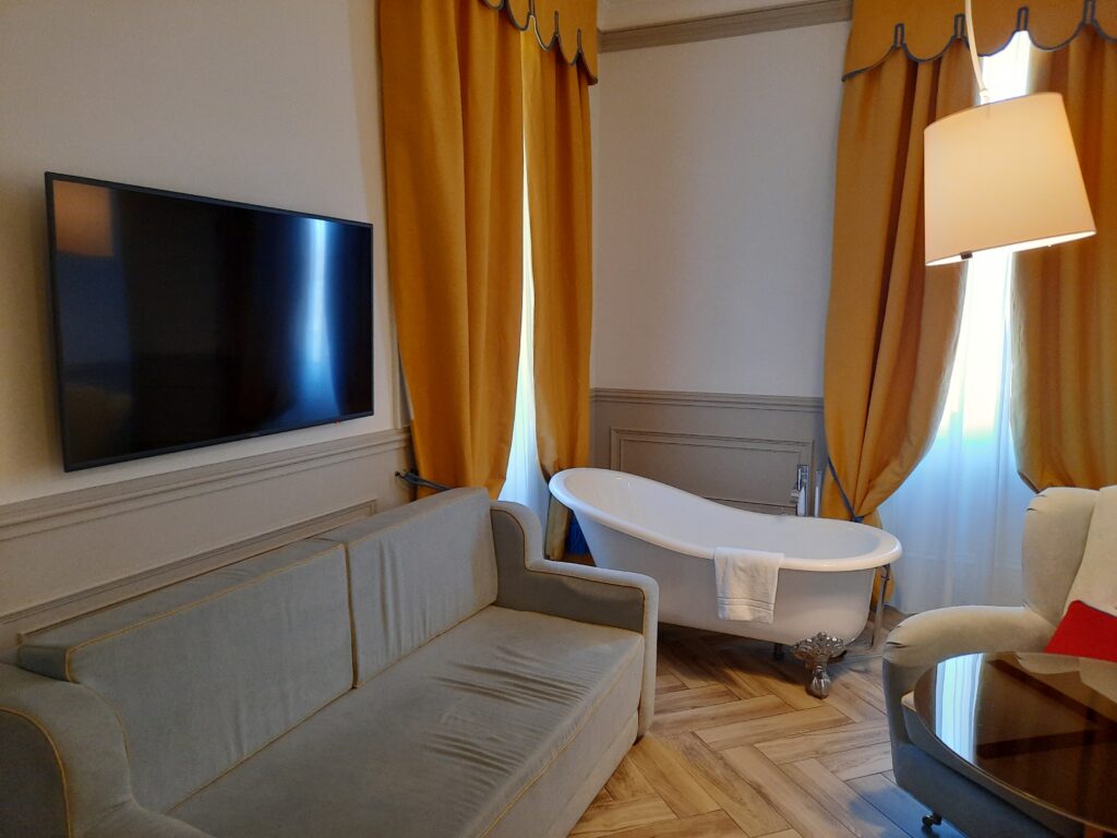 a room with a couch and a bathtub