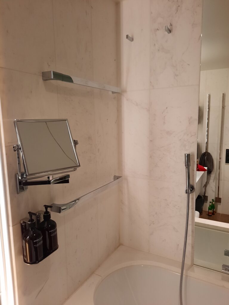a bathroom with a shower and a mirror